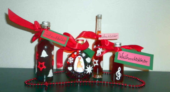 Homemade Christmas liqueur bottled and decorated 