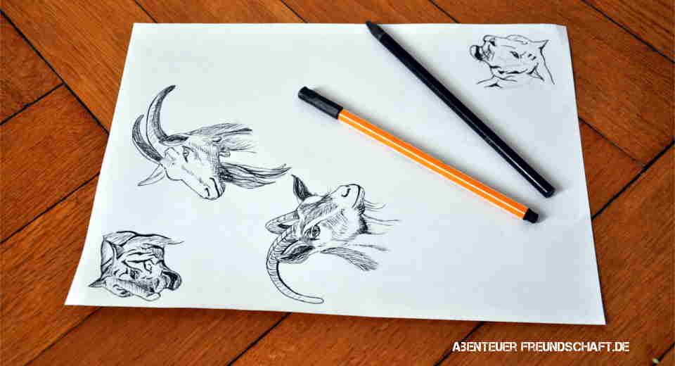 DIY Bagh Chal board - Game pieces with self-drawn animal heads