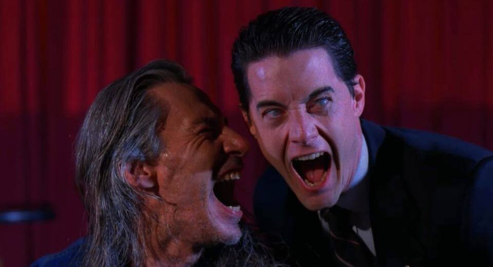 Agent Dale Cooper with Bob in the black cabin in Twin Peaks