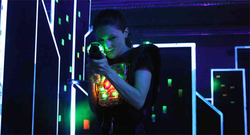 Playing Lasertag at Lasterstar Berlin with waistcoat and phaser