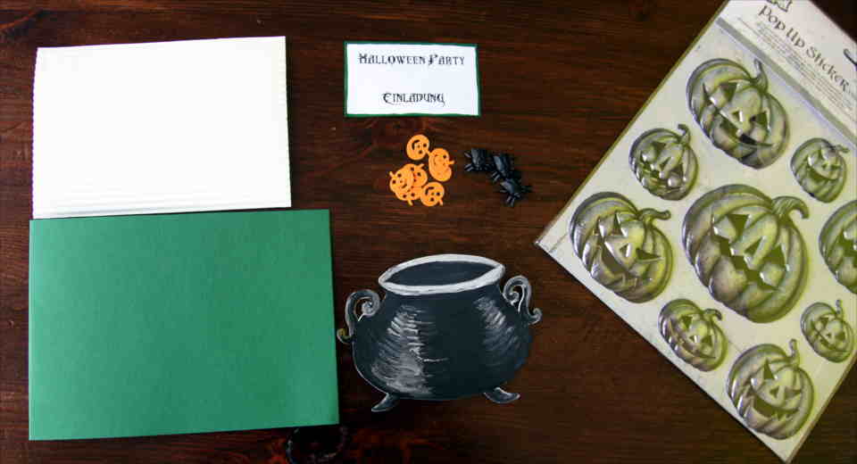 Handmade Halloween card craft with a witch cauldron as motif