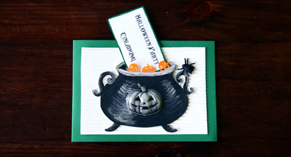 Halloween Einladungskarten mit Hexenkessel passen auch für eine Hexenparty