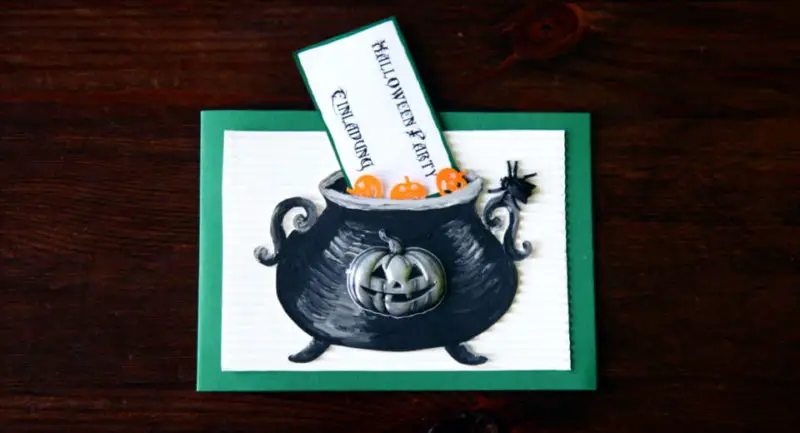 Handmade Halloween card with witch cauldron 