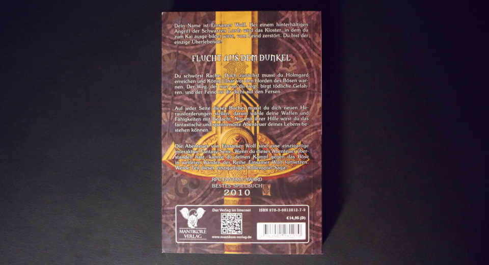 Back cover of the first volume of the Lone Wolf series