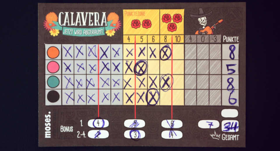Fertig ausgefüllter Zettel beim Spiel Calavera