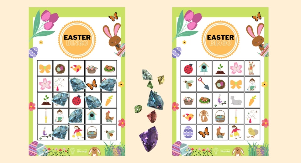 The Easter Bingo printable consists of 20 bingo cards and picture cards