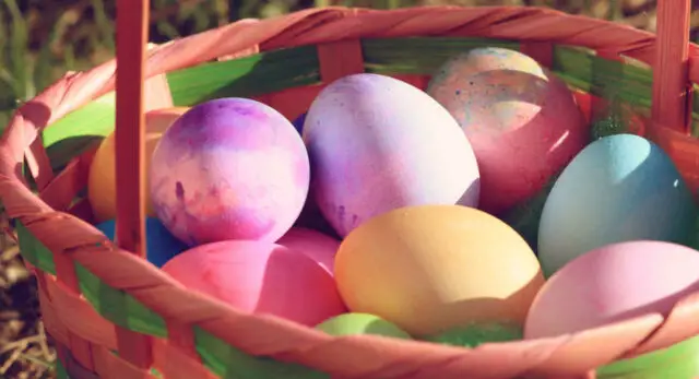 "Easter scavenger hunt: colorful eggs in basket"