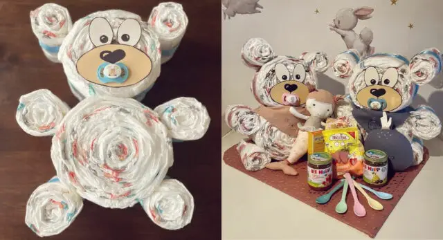 Step by step tutorial on how to make teddy bear diaper cake 