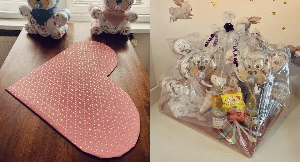 "Simply cover the plywood with wrapping paper and arrange the teddy bear diaper cake and gifts on it"