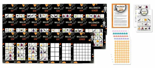 Halloween Bingo zum ausdrucken mit 20 Bingokarten und Ziehkärtchen