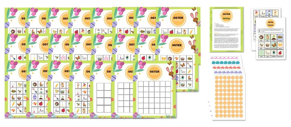 Oster-Bingo zum ausdrucken mit 20 Bingokarten und Ziehkärtchen