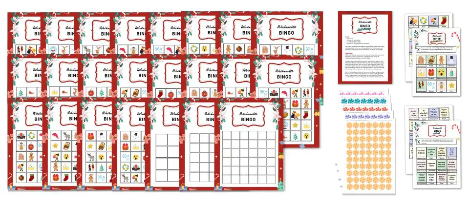 Weihnachtsbingo zum ausdrucken mit 20 Bingokarten, Ziehkärtchen und Rätsel-Ziehkärtchen