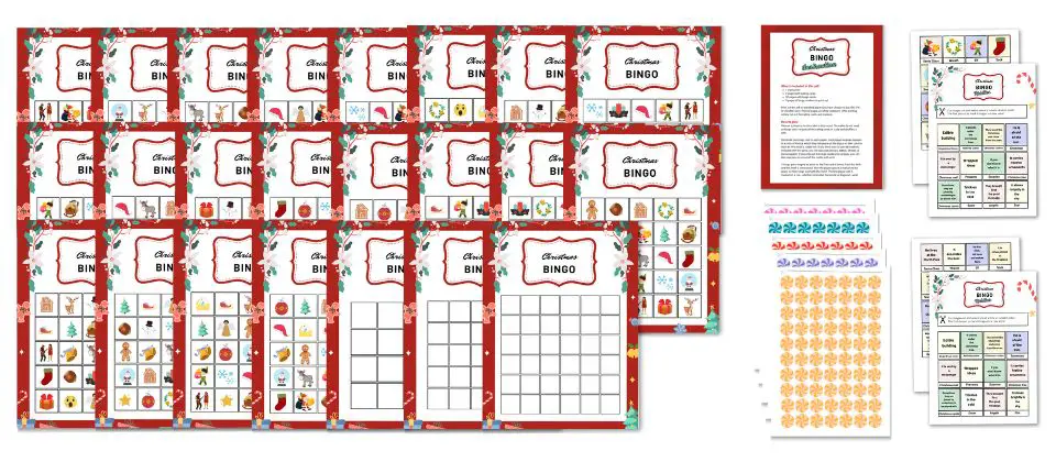 Christmas Bingo printable with 20 Bingo cards, calling cards and riddle calling cards